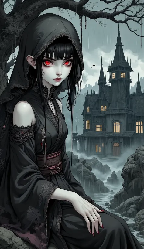 (A fusion of Ukiyo-e and dark fantasy. Aesthetic and gothic digital art.) BREAK (Jet black hair. Blunt bangs. Black eyebrows. Long black eyelashes. Almond-shaped eyes. Glowing red eyes. Dark, thick eyeliner. Smoky makeup. Small pink lips. Round, small ears...