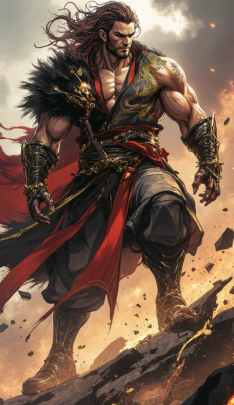 (masterpiece, best quality, 8k, absurdres, ultra-detailed, professional concept art), epic fantasy character portrait of a colossal wuxia overlord. He is a middle-aged man of immense muscularity, his body a testament to countless battles. His chiseled, wea...