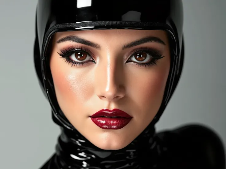 face close up. botox lip injections. full lips. deep red lip gloss. eyeliner flicks. mascara. blusher. latex outfit. 