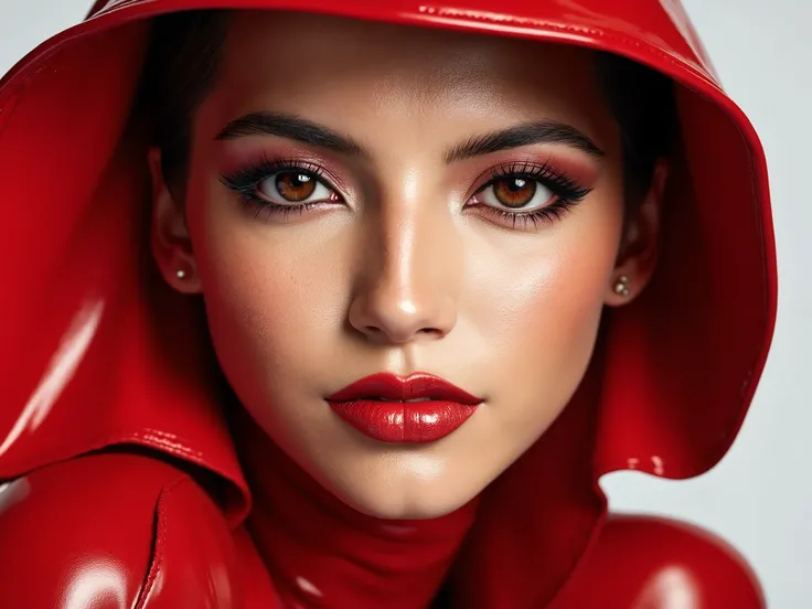 face close up. botox lip injections. full lips. deep red lip gloss. eyeliner flicks. mascara. blusher. latex outfit. 