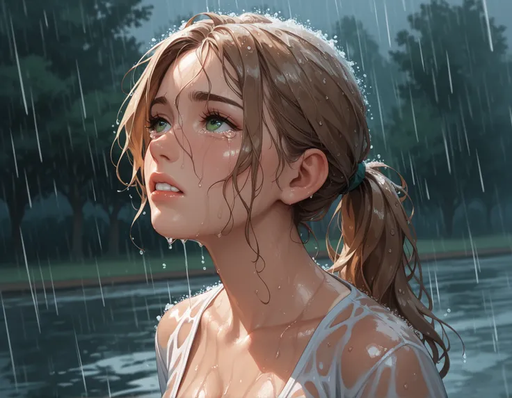 Outside, rainy day, gray clouds, heavy-rain, raining, woman with long wet blonde-brown hair and smart green eyes, hair in a ponytail, tanlines, standing, looking up, sad, tears running down her face, white teeth, wet skin, wet shirt, cleavage, very detaile...