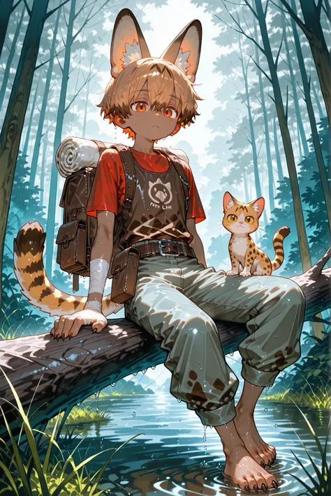 (male character\little boy child\ boy) little boy Neko, a hybrid of a cat. He has a petite build, tanned skin, and small cat claws on his fingers. He has short cream-colored hair with a shortcut. he has serval cat ears on his head with black tassels at ...