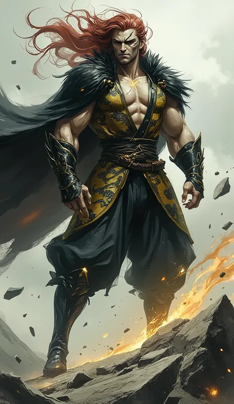 (masterpiece, best quality, 8k, absurdres, ultra-detailed, professional concept art), epic fantasy character portrait of a colossal wuxia overlord. He is a middle-aged man of immense muscularity, his body a testament to countless battles. His chiseled, wea...