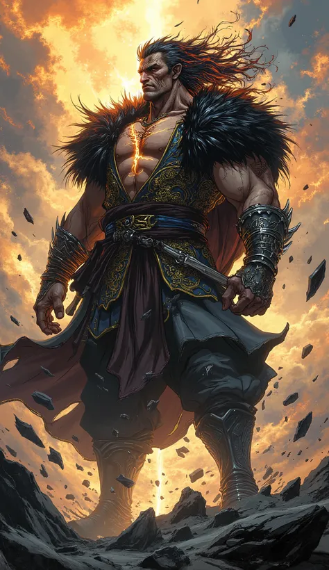 (masterpiece, best quality, 8k, absurdres, ultra-detailed, professional concept art), epic fantasy character portrait of a colossal wuxia overlord. He is a middle-aged man of immense muscularity, his body a testament to countless battles. His chiseled, wea...