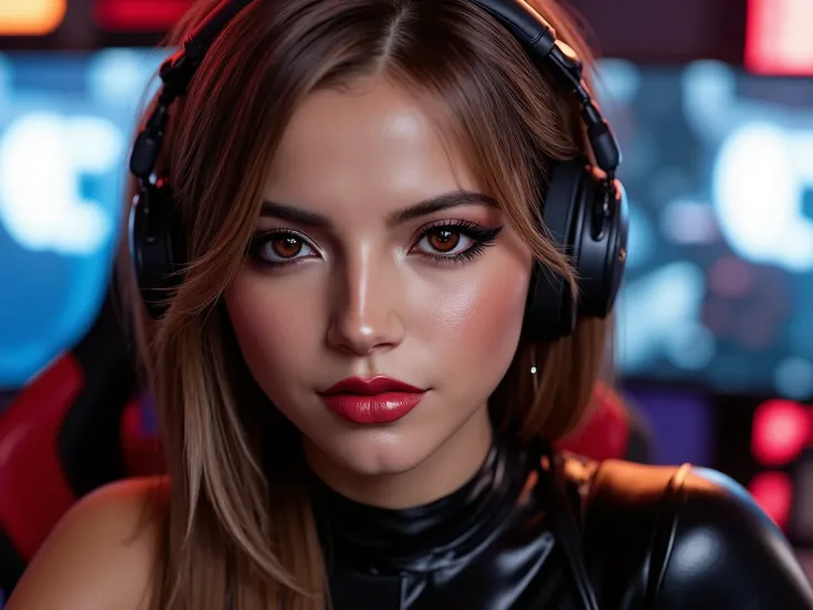 light brown hair. face close up. botox lip injections. full lips. deep red lip gloss. massive eyeliner flicks. mascara. blusher. latex e-girl streamer outfit. at her gamestation.