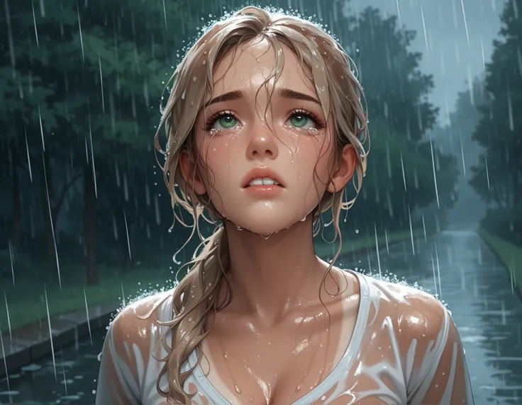 Outside, rainy day, gray clouds, heavy-rain, raining, woman with long wet blonde-brown hair and smart green eyes, hair in a ponytail, tanlines, standing, looking up, sad, tears running down her face, white teeth, wet skin, wet shirt, cleavage, very detaile...