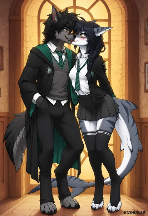 (K4 detail), (grey shark girl teasing a black wolf boy), female shark, grey skin with dark stripes, white belly, long black hair with a single braid, white soles of the feet, gold eyes, full body portrait, digitigrade legs, fluff-kevlar, zaush, Enchanting ...