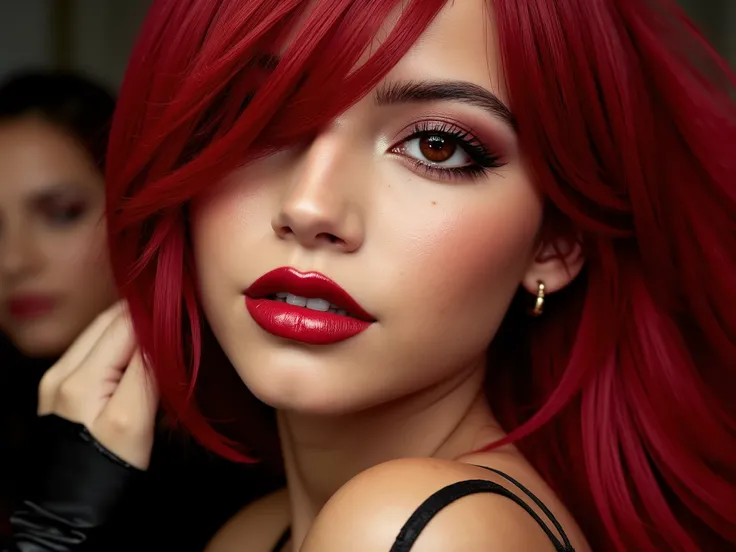 face close up. botox lip injections. full lips. deep red lip gloss. eyeliner flicks. mascara. blusher. latex outfit. blood red hair. bedroom. model photoshoot in 8k. 