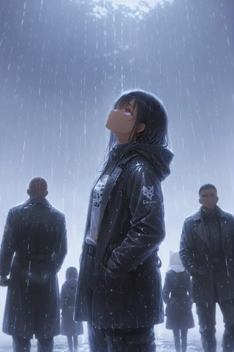 A dark-skinned boy with purple eyes black hair surrounded by a black coat and cargo pants a With both hands in your pocket Looking up at the sky under heavy rain 