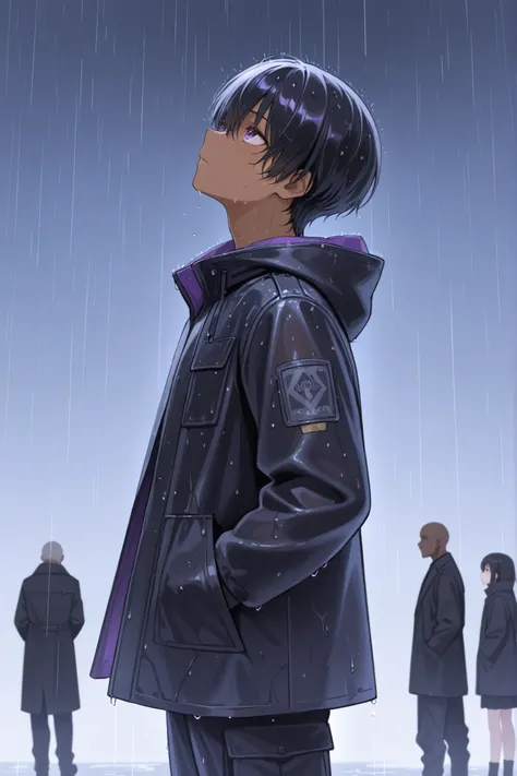 A dark-skinned boy with purple eyes black hair surrounded by a black coat and cargo pants a With both hands in your pocket Looking up at the sky under heavy rain 