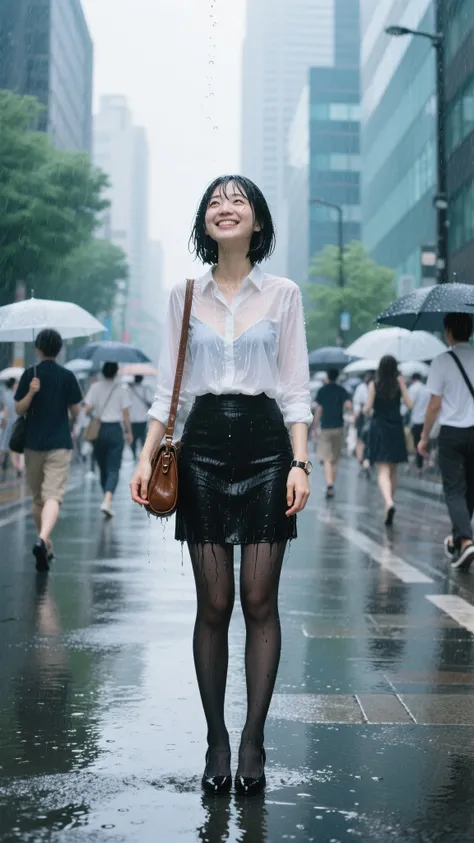 masterpiece、top quality、detailed expressions、Balanced composition that makes use of white space、8K、Very realistic、anatomically accurate hands and fingers、Balanced Proportions、candid portrait、While many passers-by in summer clothes are holding umbrellas and walking in the same direction, only one woman stands in the opposite direction from passers-by without holding an umbrella and standing drenched looking at the sky、Expression of a refreshing smile、Japanese、Black Haired Bob Cut、wet hair and body、bangs sticking to her face、Face dripping with water drops、White wet long-sleeved shirt、underwear can be seen through the shirt、Leather Band Watch、 brown shoulder bag 、wet black tight skirt、black pantyhose、black heels、Wide Puddles on the Sidewalk、Overcrowded background of the office district in the rain in June、Blue Green Melancholy Atmosphere