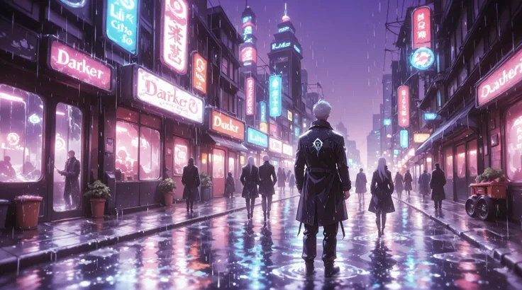 A futuristic city with a blue-purple sky illuminated by several neon buildings and a darker-skin boy in a black coat and cargo pants heavy rain With fog