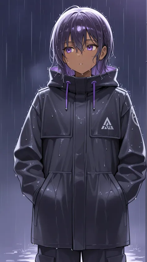 A dark-skinned boy with purple eyes surrounded by a black coat and cargo pants Holding a With both hands in your pocket under heavy rain with wet hair
