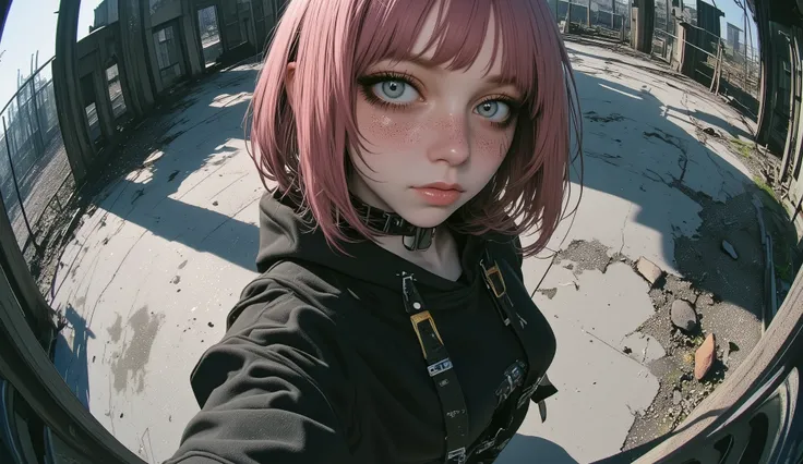 Fisheye Wide Angle , black hoodie , Fisheye Wide Angle 1 Mori Gatterpunk's Young Man , Battle Poses 、 wearing a sexy dress 、 Put your hand in your pocket 、The expression and outfit are 、Bold Makeup and Accessories. Shadows at your feet、 high angle...