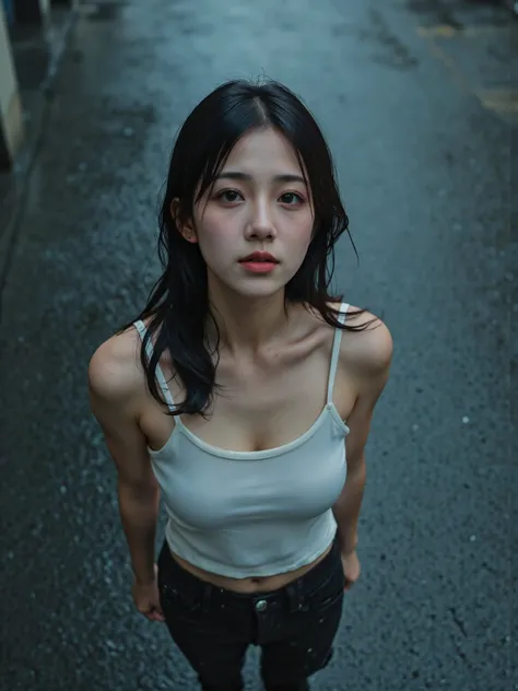 detailed hands,water droplets create a wet water effect,A girl is crying with tears,Overhead perspective, bird’s-eye view, high-angle shot capturing the full-body figure and surrounding urban crowd, a mature young adult Japanese female (18+), silky light b...