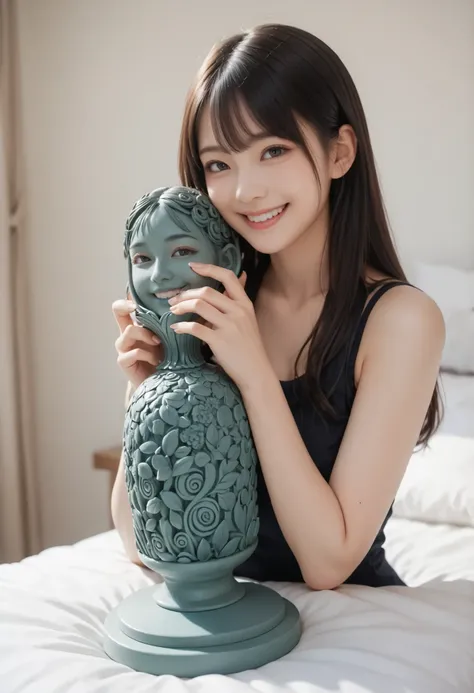 smile girl holding detailed intricate sculpture on bed, 