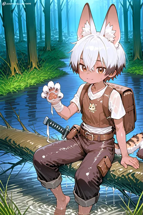 (male character\little boy child\ young boy) little boy Neko , a hybrid of a cat. He has a petite  build, tanned skin, and small cat claws on his fingers.  He has short fluffy cream-colored hair with a shortcut and side bangs strands. (no human ears) he ha...