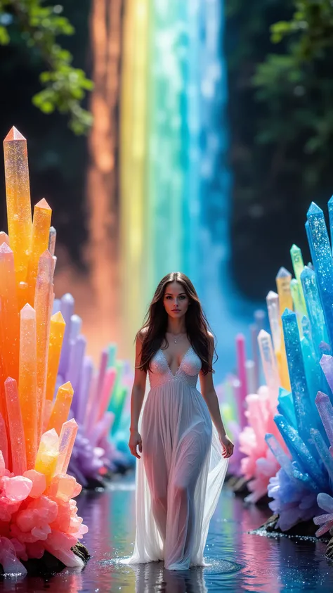 1girl, gorgeous European face, sparkling/glowing blue eyes, long eyelashes, long white dress, very large breasts, looking at viewer, small crucifix necklace. A long descending waterfall of multicolored waters, falling hundreds of feet down to a river where...