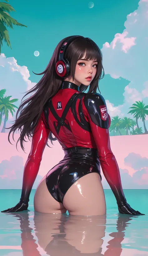 cyberpunk anime,  stunning Japanese woman in red and black sci-fi power armor, headphones, dark eye makeup , Is in the water until the Po , beach of a tropical island on another planet, bokeh, beautiful sky with two moons, photo realistic, realistic, cowbo...
