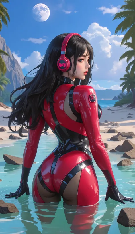 cyberpunk anime,  stunning Japanese woman in red and black sci-fi power armor, headphones, dark eye makeup , Is in the water until the Po , beach of a tropical island on another planet, bokeh, beautiful sky with two moons, photo realistic, realistic, cowbo...