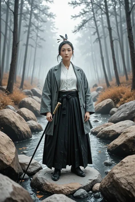 Hans Rüdy Giger Art Style, Tengu Standing in Rock,Red Face,Long Nose,expression representing dignity, Wearing a Black and White Hakama,draw a coat,（feather ）with a cane,Hygeta,Misty forest background,Characterized by a Modern Arrangement, scattered juice ,...