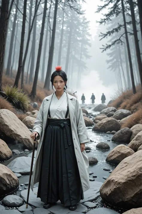 Hans Rüdy Giger Art Style, Tengu Standing in Rock,Red Face,Long Nose,expression representing dignity, Wearing a Black and White Hakama,draw a coat,（feather ）with a cane,Hygeta,Misty forest background,Characterized by a Modern Arrangement, scattered juice ,...