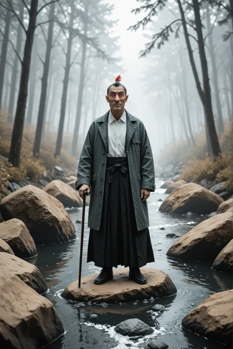 Hans Rüdy Giger Art Style, Tengu Standing in Rock,Red Face,Long Nose,expression representing dignity, Wearing a Black and White Hakama,draw a coat,（feather ）with a cane,Hygeta,Misty forest background,Characterized by a Modern Arrangement, scattered juice ,...