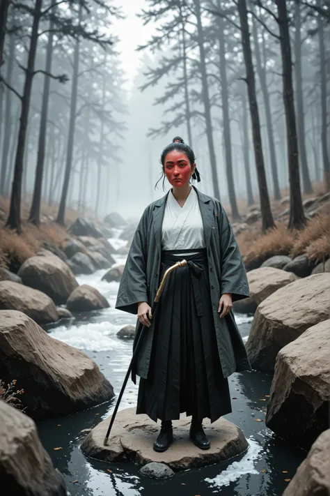 Hans Rüdy Giger Art Style, Tengu Standing in Rock,Red Face,Long Nose,expression representing dignity, Wearing a Black and White Hakama,draw a coat,（feather ）with a cane,Hygeta,Misty forest background,Characterized by a Modern Arrangement, scattered juice ,...