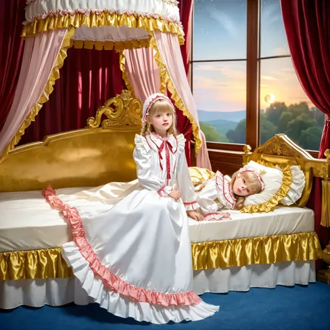 highest quality, masterpiece, highest resolution, artwork, super get used to it, many become familiar with, become familiar with, get used to it,change,,little girl, before bedtime,((twelve years old)),european,((blonde very longhair:1.0)),(((white nightgo...