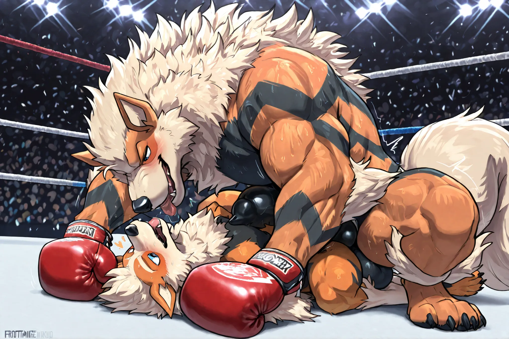 Duo, frottage, frotting, balls frottage, knot frottage, male, (feral, feral body), wolf, Arcanine boxing champion, spreading legs, knot, balls, detailed art, high quality, Arcanine on top, size difference, very muscular Arcanine, aroused, pinned, big cocks...