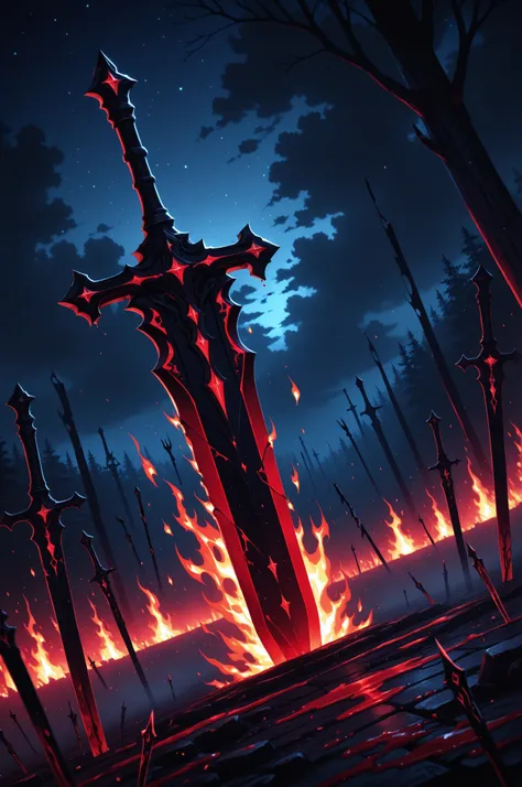 masterpiece, high resolution, 8k wallpaper, ultra-detailed illustration, delicately detailed background, magnificent details, exquisite details, dynamic angle, dutch angle,
a magnificent sword stuck in the ground, blood stains, flames, broken arrows, 
dark...