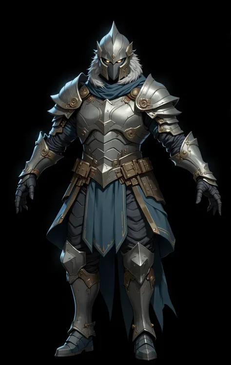 chargen_stylised_illustration, Front view, full body, character art, concept art, anime, anime drawing, police knight, eagle claw concept, heavy armor, silver and blue, solemn look, feathers