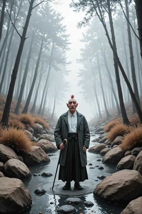 Tengu Standing in Rock,Red Face,Long Nose,expression representing dignity, Wearing a Black and White Hakama,draw a coat,（feather ）with a cane,Hygeta,Misty forest background,Characterized by a Modern Arrangement, scattered juice ,Soft Tones with an Overall ...