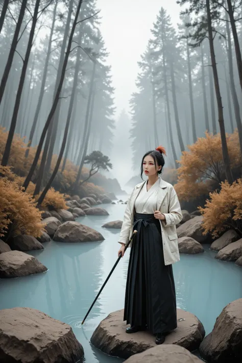 Tengu Standing in Rock,Red Face,Long Nose,expression representing dignity, Wearing a Black and White Hakama,draw a coat,（feather ）with a cane,Hygeta,Misty forest background,Characterized by a Modern Arrangement, scattered juice ,Soft Tones with an Overall ...