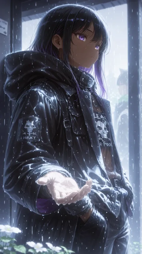 A dark-skinned boy with purple eyes black hair using by a black coat and cargo pants with both hands in your pocket under heavy rain And fog
