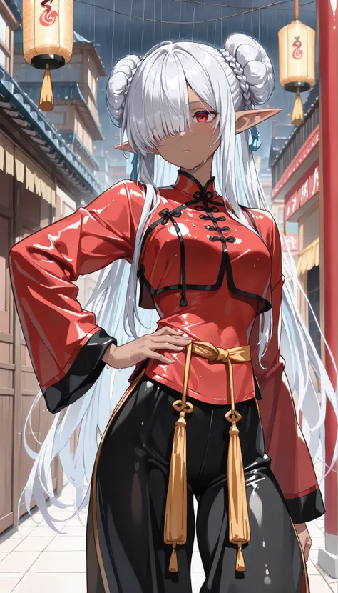 ( masterpiece , best quality , high quality ,8k,) girl elf (dark-skin:1.4).(silver-short-bob-bun-hair:1.4) Rain-soaked hair.　wet-hair (red Kung fu clothing :1.4) (pants:1.4) (long-sleeves:1.4) tights  (hair over one eye, bangs, long bangs, :1.4) red-eyes ....