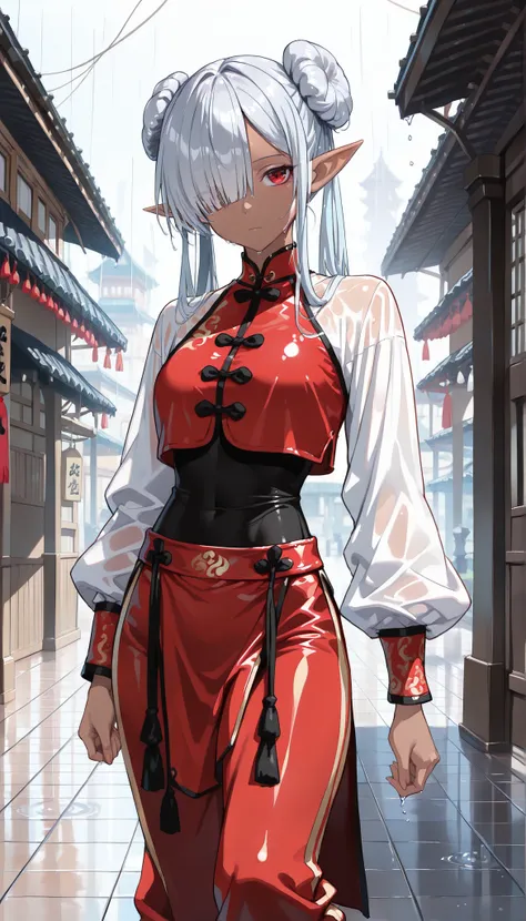 ( masterpiece , best quality , high quality ,8k,) girl elf (dark-skin:1.4).(silver-short-bob-bun-hair:1.4) Rain-soaked hair.　wet-hair (red Kung fu clothing :1.4) (pants:1.4) (long-sleeves:1.4) tights  (hair over one eye, bangs, long bangs, :1.4) red-eyes ....