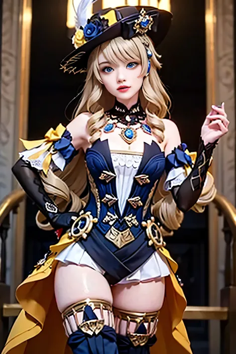 1girl, hat,blonde hair, long hair, drill hair, twin drills,blue eyes, jewelry, flower,  bare shoulders,  black gloves,dress, thighhighs,  thigh boots, boots,Navia \(genshin impact\),embroidered hat,blue jewel headdress on the left,blue eyes,blonde hair,hat...
