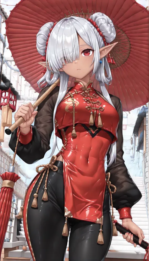 ( masterpiece , best quality , high quality ,8k,) girl elf (dark-skin:1.4).(silver-short-bob-bun-hair:1.4) (red Kung fu clothing :1.4) (pants:1.4) (long-sleeves:1.4) tights  (hair over one eye, bangs, long bangs, :1.4) red-eyes .hungry (holding-Umbrella.:1...