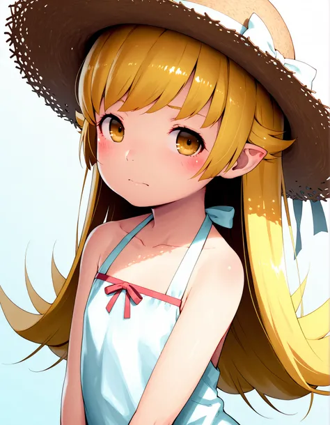 hideousbeing, solo,
hideousbeingStyle, 1girl,  bare shoulders, blonde hair, blush, bow, brown eyes, closed mouth, collarbone, dress, hat, hat bow, hat ornament, long hair, looking at viewer, monogatari (series), oshino shinobu, pointy ears, red bow, sleeve...