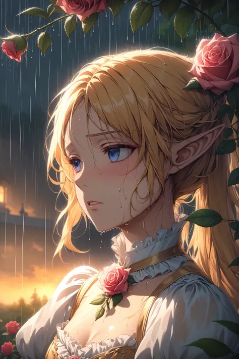 Bust-up portrait of an elf woman wearing an elegant 18th-century French Rococo aristocratic gown. She has long golden hair, now soaked by heavy rain and clinging to her cheeks. Her expression is slightly troubled as she gazes forward. Behind her is a lush ...