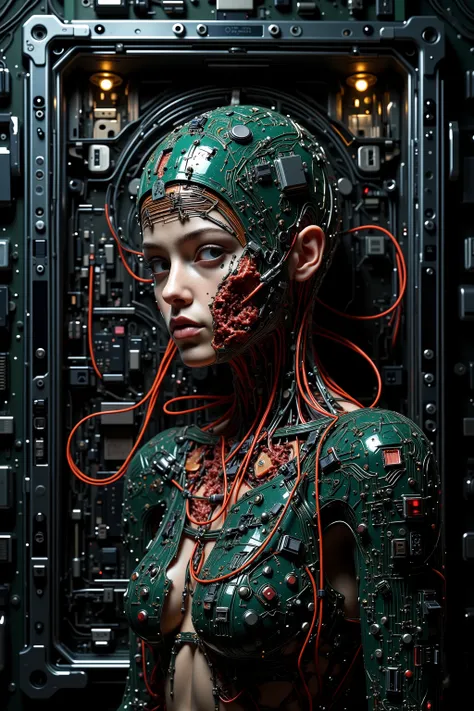 a computer with human flesh, skin is stretched across hundreds of broken jumbled circuitboards, wires protrude from mouth sores, photorealistic, 8k, ultra-detailed, masterpiece, physically-based rendering, high resolution, studio lighting, vivid colors, da...