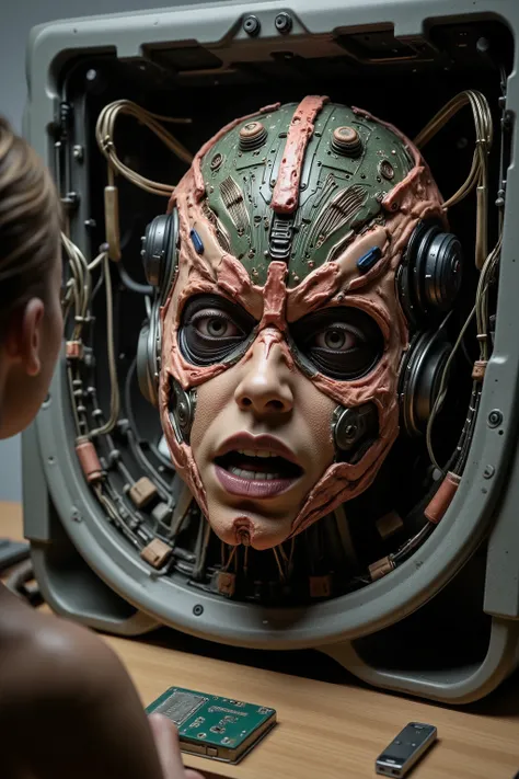 woman looks in a mirror and sees a computer with human flesh, skin is stretched across hundreds of broken jumbled circuitboards, wires protrude from mouth sores photorealistic, 8k, ultra-detailed, masterpiece, physically-based rendering, high resolution, s...