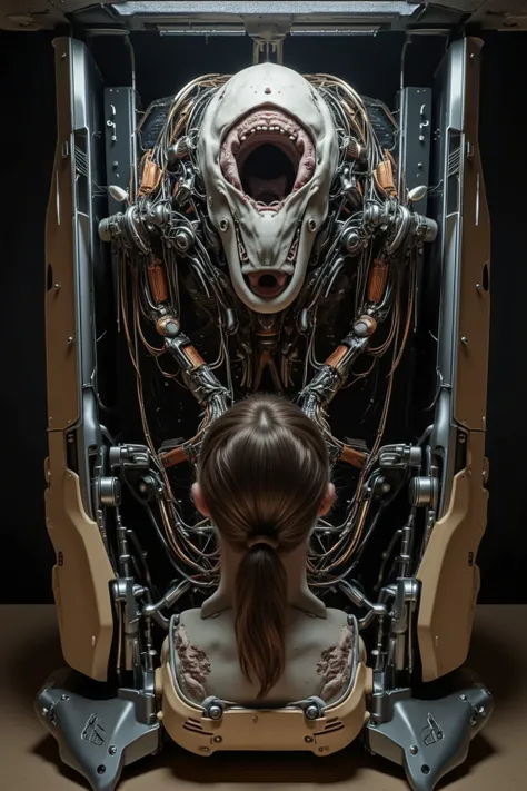 woman looks in a mirror and sees a computer with human flesh, skin is stretched across hundreds of broken jumbled circuitboards, wires protrude from mouth sores photorealistic, 8k, ultra-detailed, masterpiece, physically-based rendering, high resolution, s...