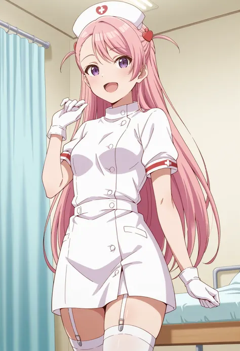 Score_9, score_8_up, score_7_up, source_anime,  maho sakuramori (kurakon), solo, long hair, pink hair, hair ornament, asymmetrical bangs, purple eyes, small breasts, (best quality), (high quality), {masterpiece}, extremely delicate and beautiful, ultra-det...