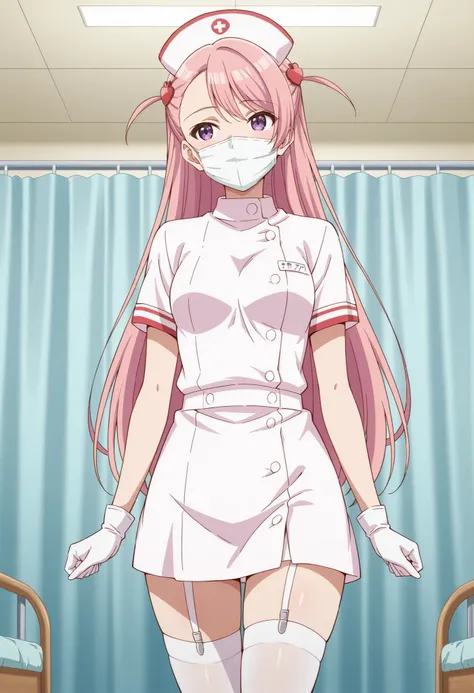 Score_9, score_8_up, score_7_up, source_anime, maho sakuramori (kurakon), solo, long hair, pink hair, hair ornament, asymmetrical bangs, purple eyes, small breasts, (best quality), (high quality), {masterpiece}, extremely delicate and beautiful, ultra-deta...