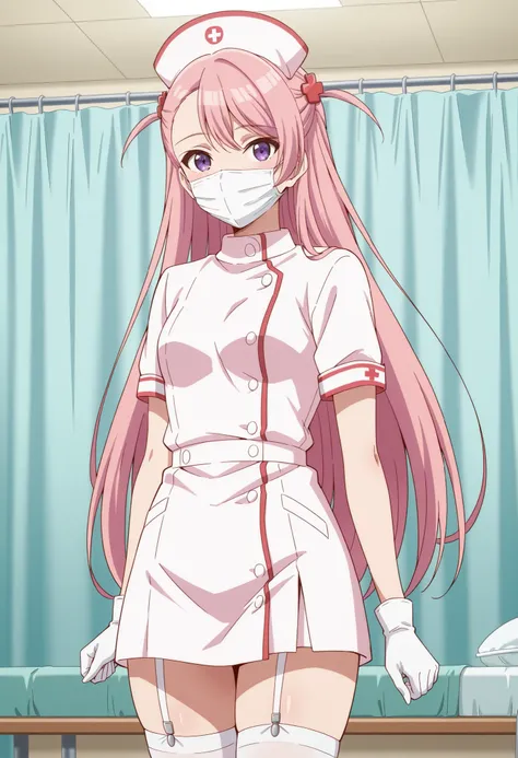 Score_9, score_8_up, score_7_up, source_anime, maho sakuramori (kurakon), solo, long hair, pink hair, hair ornament, asymmetrical bangs, purple eyes, small breasts, (best quality), (high quality), {masterpiece}, extremely delicate and beautiful, ultra-deta...