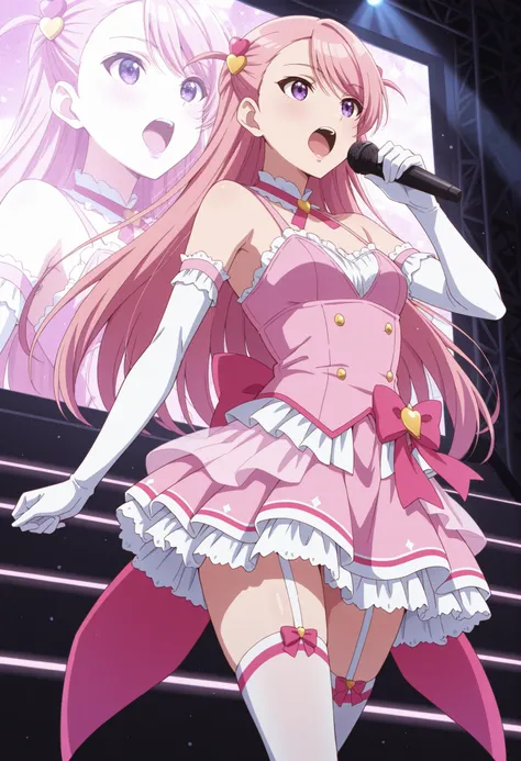 Score_9, score_8_up, score_7_up, source_anime, maho sakuramori (kurakon), solo, long hair, pink hair, hair ornament, asymmetrical bangs, purple eyes, small breasts, (best quality), (high quality), {masterpiece}, extremely delicate and beautiful, ultra-deta...