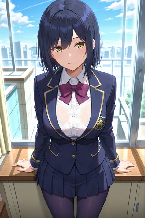 solo,masterpiece,best quality, amazing quality, highres, absurdres, very aesthetic, high resolution, ultra detailed, perfect details,nijirin,medium breasts,yellow eyes,blue hair,black hair,moles,medium hair,nijirincos,white shirt,collared shirt,purple bowt...