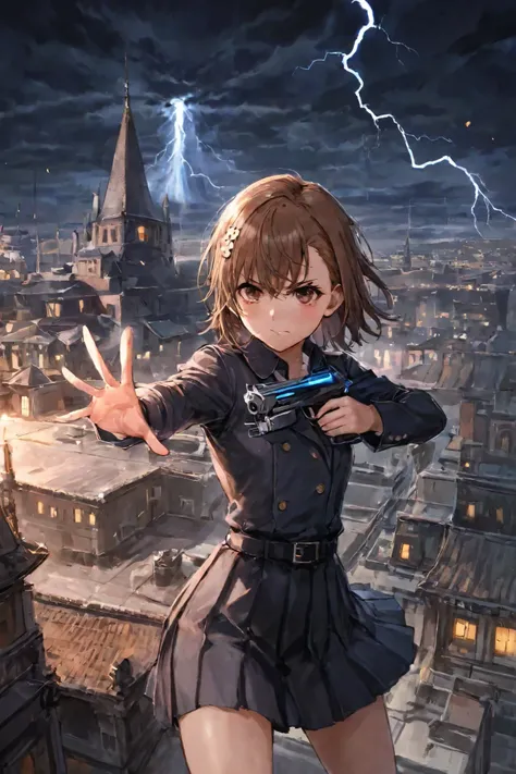 on the roof of a high-rise Jedi temple-like building、dramatic middle shot of Misaka Mikoto, a scientific super electromagnetic gun emitting lightning from both hands, futuristic spire and dome in the background, Night sky illuminated by thunderstorms, inte...